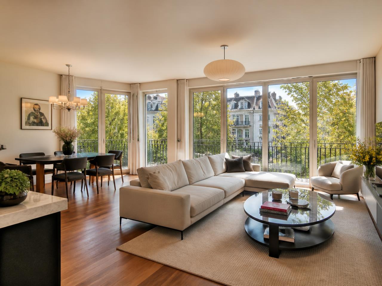 Appartement premium avec vue sur une résidence moderne et éclairage néon fuchsia