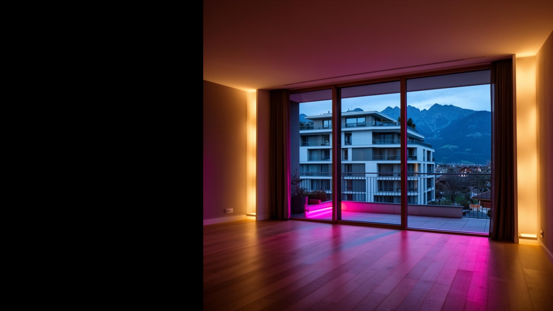 Appartement premium avec vue sur une résidence moderne et éclairage néon fuchsia